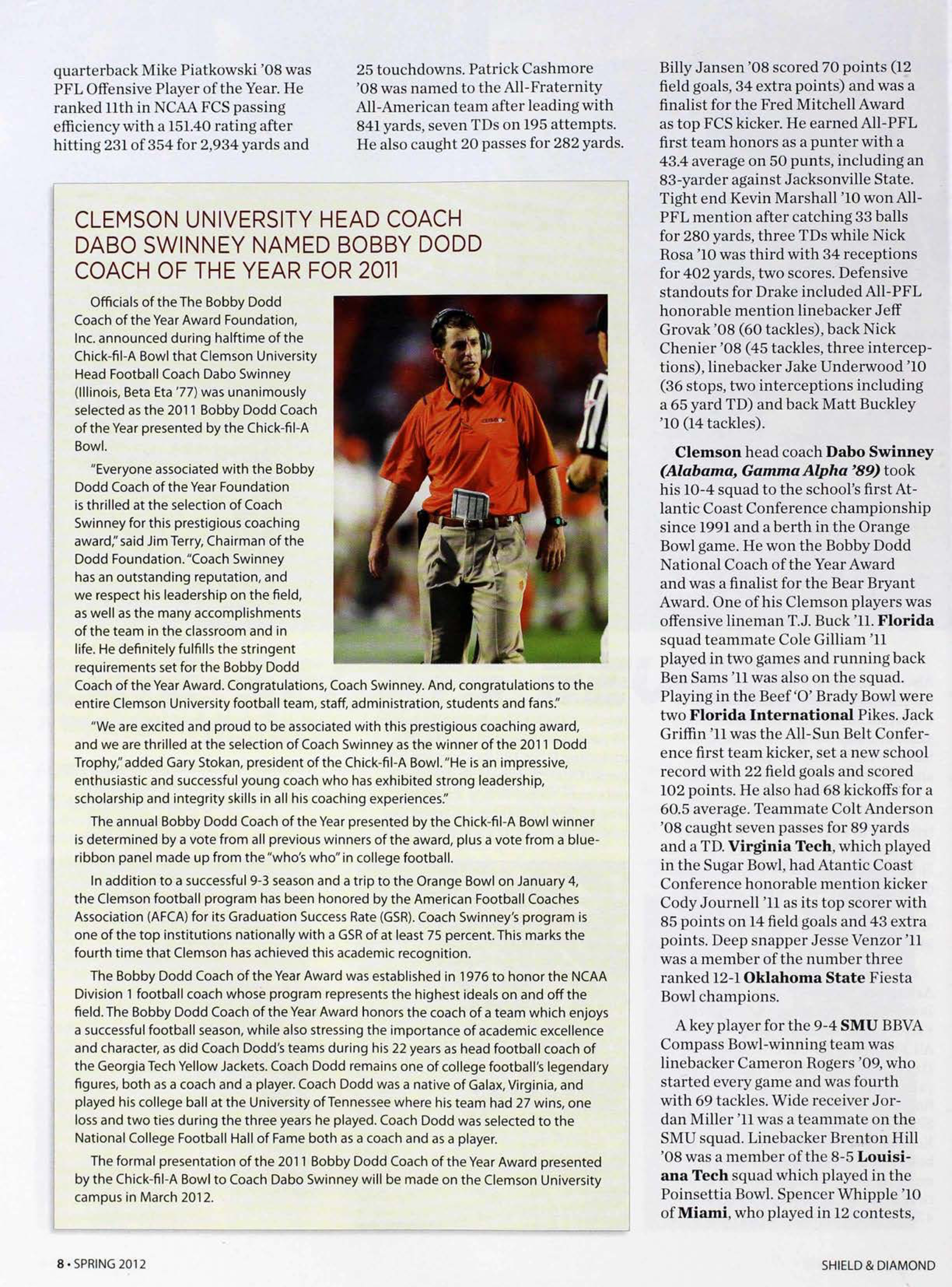 Clemson University Head Coach Dabo Swinney Named Bobby Dodd Coach Of The Year 2011